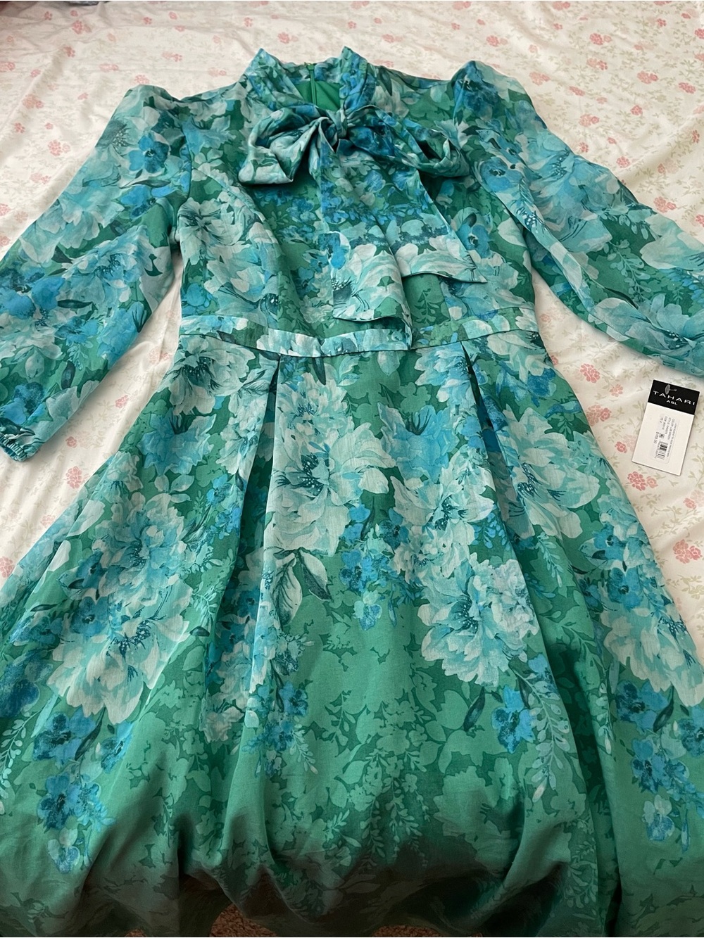 Tahari ASL Green and Teal Floral Bow-Neck Midi Dress